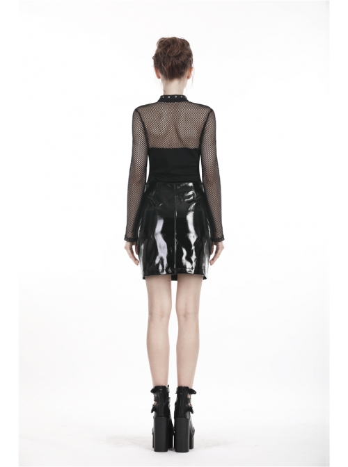 Metal D-Buckle Leather Strap Black Punk Rock Shiny PU Short Skirt