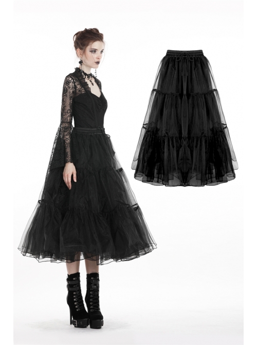 Black Gothic Lolita Long Lace Mesh Underskirt