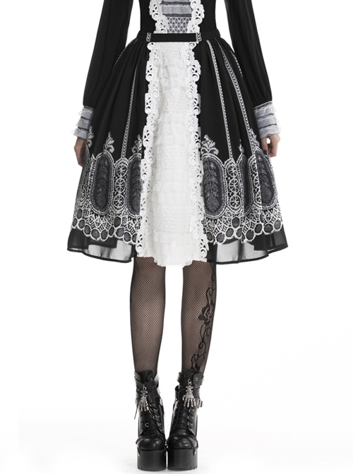 Gothic Lolita White Lace Black Print Skirt