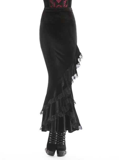Lace Frill Lace-Up Black Gothic Velvet Long Skirt