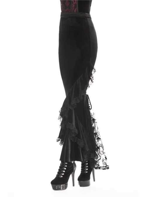 Lace Frill Lace-Up Black Gothic Velvet Long Skirt