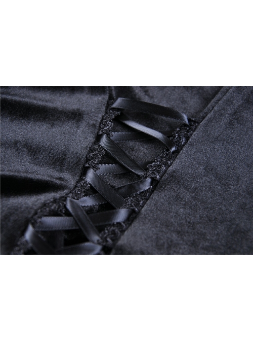 Lace Frill Lace-Up Black Gothic Velvet Long Skirt