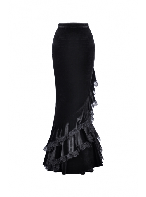 Lace Frill Lace-Up Black Gothic Velvet Long Skirt