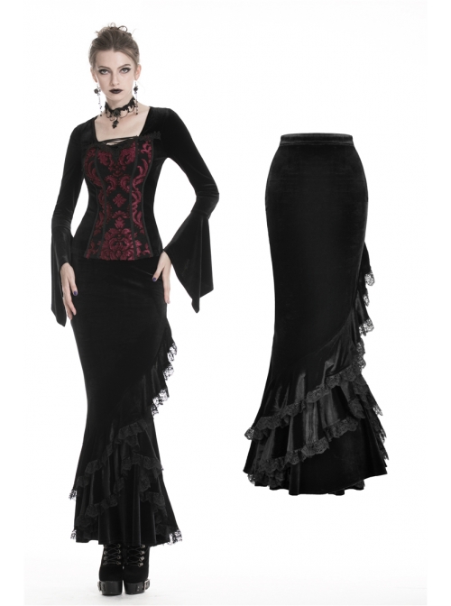 Lace Frill Lace-Up Black Gothic Velvet Long Skirt