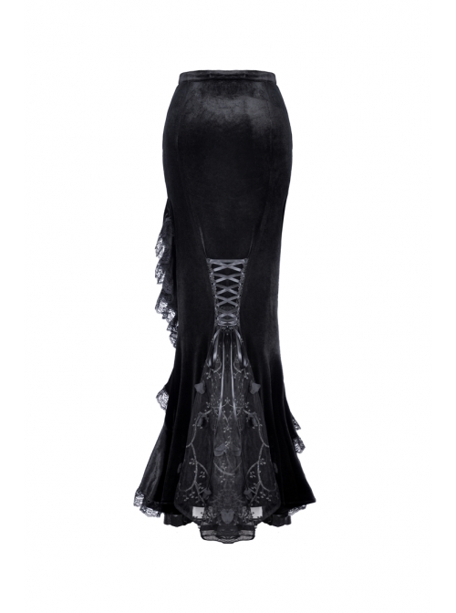 Lace Frill Lace-Up Black Gothic Velvet Long Skirt