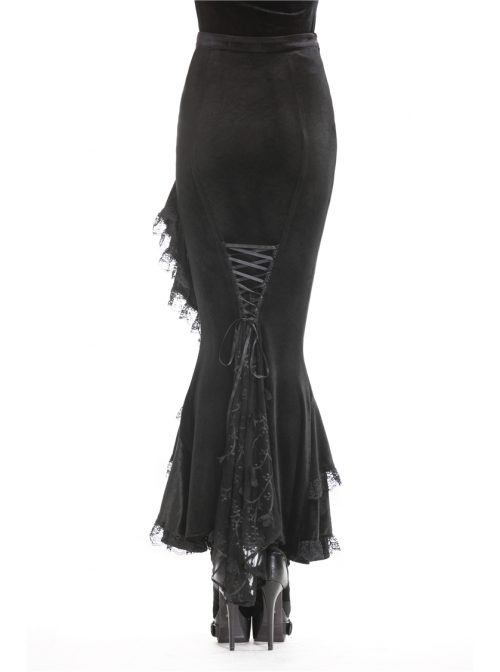 Lace Frill Lace-Up Black Gothic Velvet Long Skirt