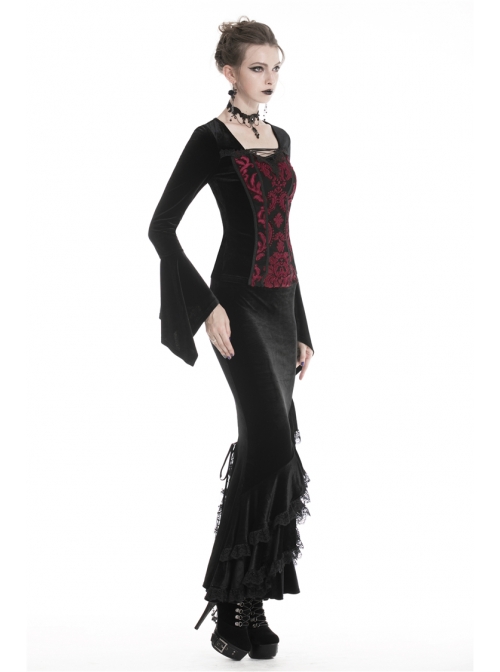 Lace Frill Lace-Up Black Gothic Velvet Long Skirt