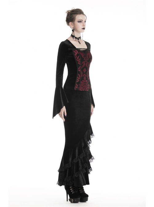 Lace Frill Lace-Up Black Gothic Velvet Long Skirt