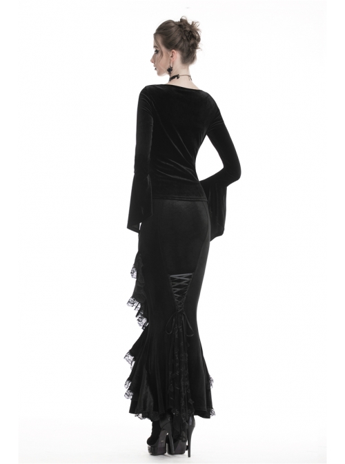 Lace Frill Lace-Up Black Gothic Velvet Long Skirt