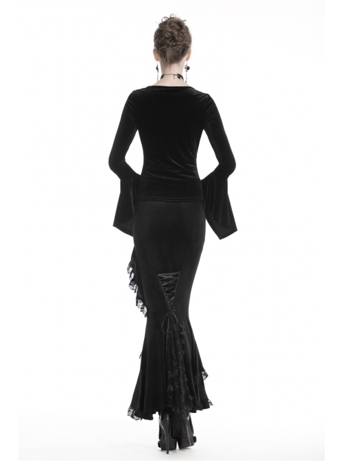 Lace Frill Lace-Up Black Gothic Velvet Long Skirt