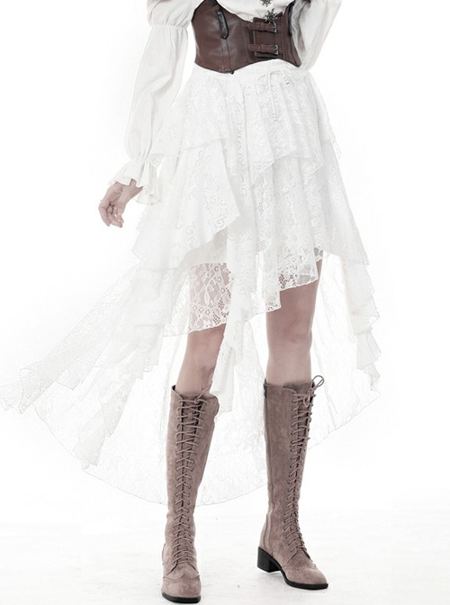 White Lace-Up Lace Mesh Irregular Frill Hem Punk Skirt