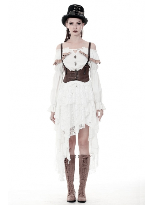White Lace-Up Lace Mesh Irregular Frill Hem Punk Skirt