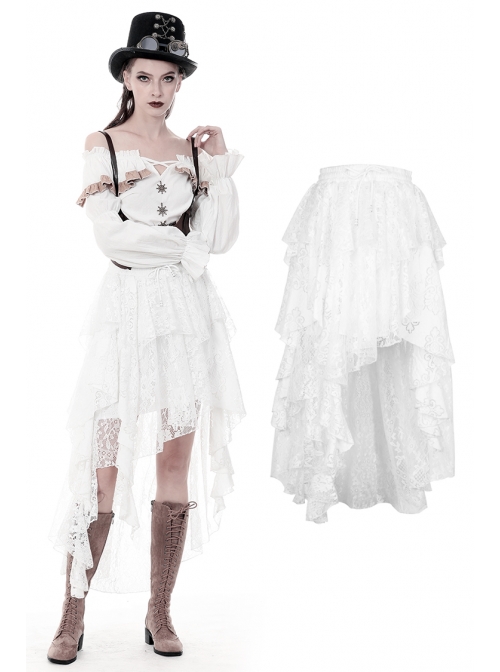 White Lace-Up Lace Mesh Irregular Frill Hem Punk Skirt
