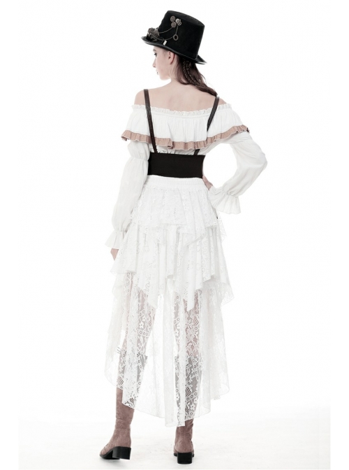 White Lace-Up Lace Mesh Irregular Frill Hem Punk Skirt