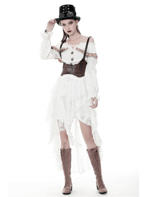 White Lace-Up Lace Mesh Irregular Frill Hem Punk Skirt