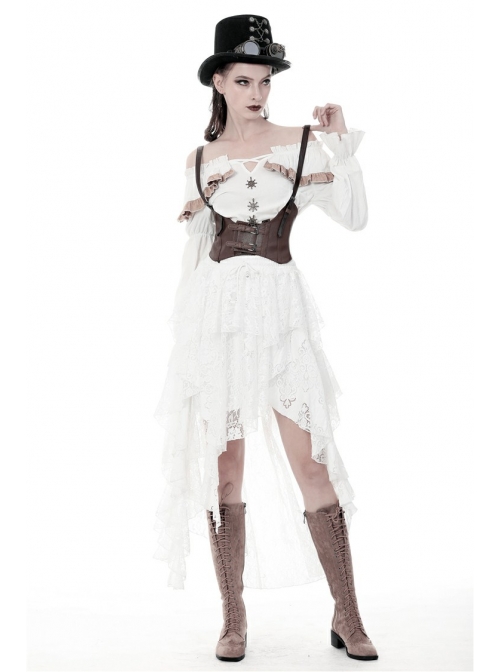 White Lace-Up Lace Mesh Irregular Frill Hem Punk Skirt