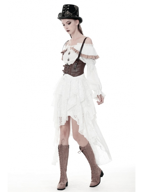 White Lace-Up Lace Mesh Irregular Frill Hem Punk Skirt