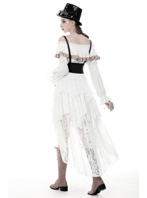 White Lace-Up Lace Mesh Irregular Frill Hem Punk Skirt
