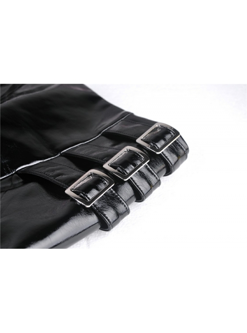 Metal Buckle Irregular Hem Black Punk Shining PU Skirt