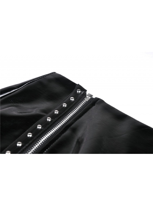 Metal Buckle Irregular Hem Black Punk Shining PU Skirt
