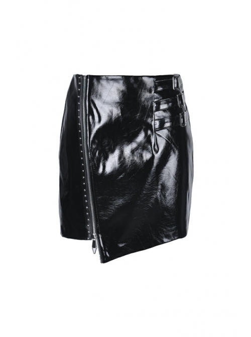 Metal Buckle Irregular Hem Black Punk Shining PU Skirt