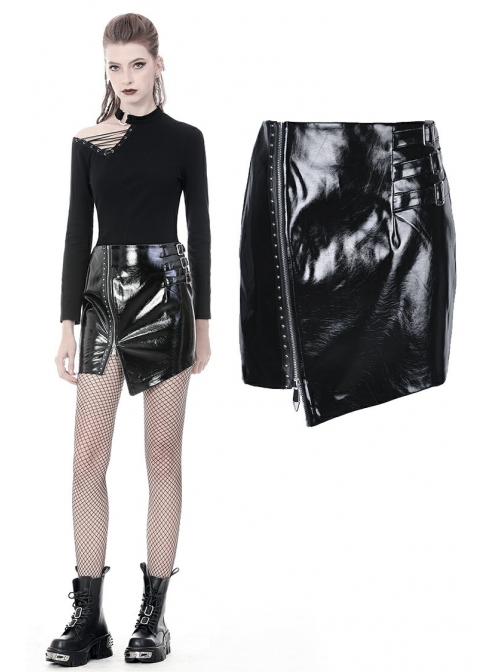 Metal Buckle Irregular Hem Black Punk Shining PU Skirt