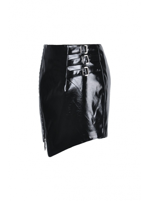 Metal Buckle Irregular Hem Black Punk Shining PU Skirt