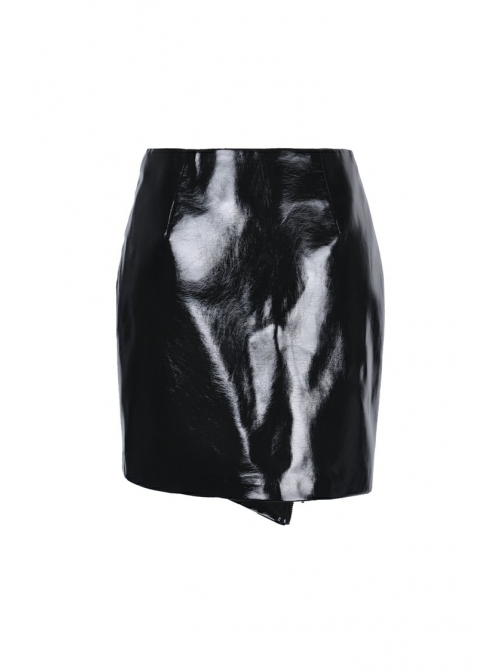 Metal Buckle Irregular Hem Black Punk Shining PU Skirt