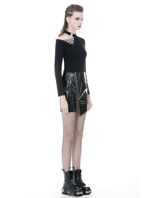 Metal Buckle Irregular Hem Black Punk Shining PU Skirt