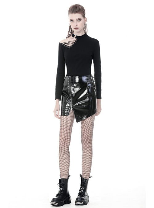 Metal Buckle Irregular Hem Black Punk Shining PU Skirt