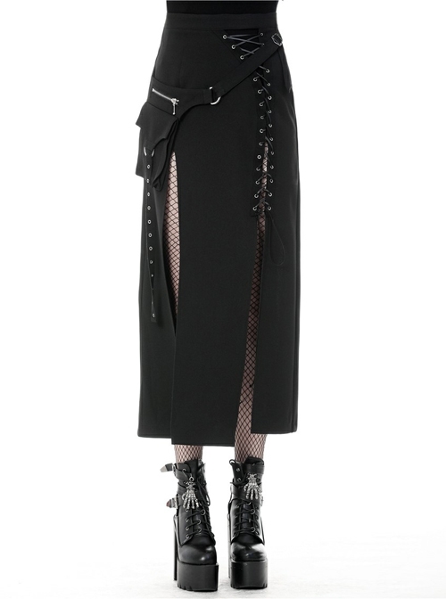 Hollow-Out Metal Eyelets Lace-Up Metal Buckle Strap Black Punk Irregular Slit Hem Long Skirt