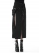 Hollow-Out Metal Eyelets Lace-Up Metal Buckle Strap Black Punk Irregular Slit Hem Long Skirt