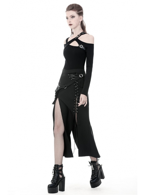 Hollow-Out Metal Eyelets Lace-Up Metal Buckle Strap Black Punk Irregular Slit Hem Long Skirt