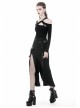 Hollow-Out Metal Eyelets Lace-Up Metal Buckle Strap Black Punk Irregular Slit Hem Long Skirt