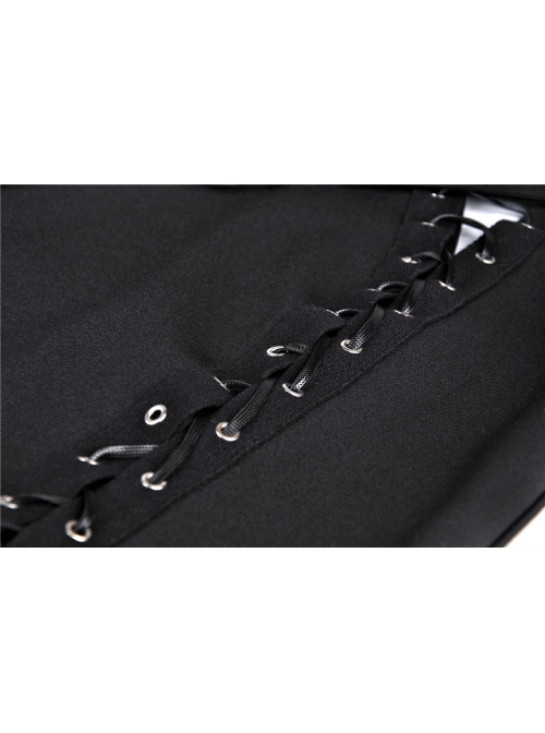 Hollow-Out Metal Eyelets Lace-Up Metal Buckle Strap Black Punk Irregular Slit Hem Long Skirt