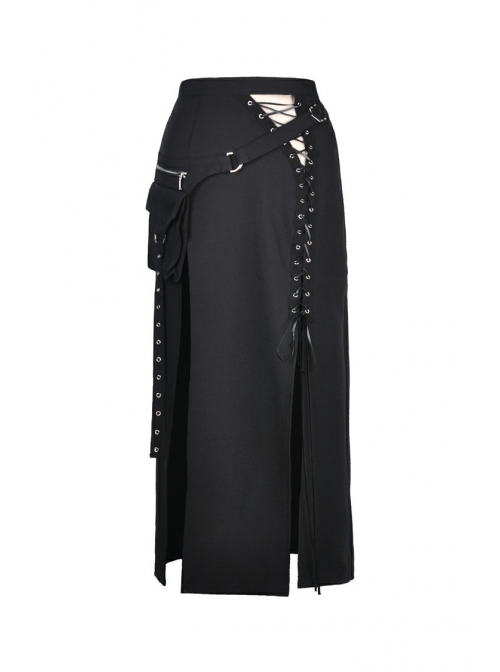 Hollow-Out Metal Eyelets Lace-Up Metal Buckle Strap Black Punk Irregular Slit Hem Long Skirt