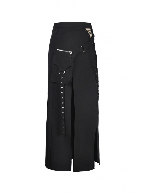 Hollow-Out Metal Eyelets Lace-Up Metal Buckle Strap Black Punk Irregular Slit Hem Long Skirt