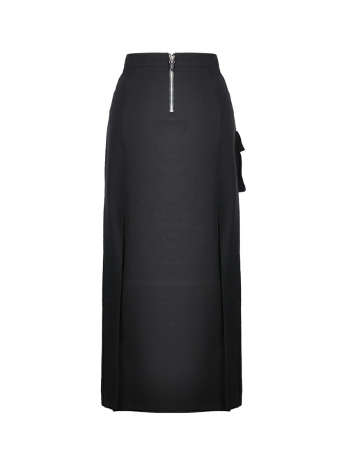 Hollow-Out Metal Eyelets Lace-Up Metal Buckle Strap Black Punk Irregular Slit Hem Long Skirt
