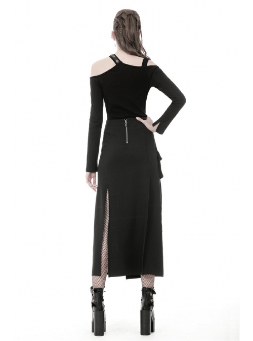 Hollow-Out Metal Eyelets Lace-Up Metal Buckle Strap Black Punk Irregular Slit Hem Long Skirt