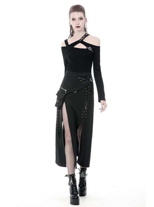 Hollow-Out Metal Eyelets Lace-Up Metal Buckle Strap Black Punk Irregular Slit Hem Long Skirt