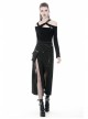 Hollow-Out Metal Eyelets Lace-Up Metal Buckle Strap Black Punk Irregular Slit Hem Long Skirt