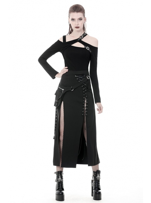 Hollow-Out Metal Eyelets Lace-Up Metal Buckle Strap Black Punk Irregular Slit Hem Long Skirt