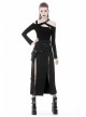 Hollow-Out Metal Eyelets Lace-Up Metal Buckle Strap Black Punk Irregular Slit Hem Long Skirt