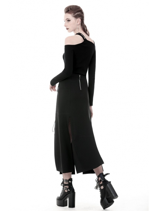 Hollow-Out Metal Eyelets Lace-Up Metal Buckle Strap Black Punk Irregular Slit Hem Long Skirt