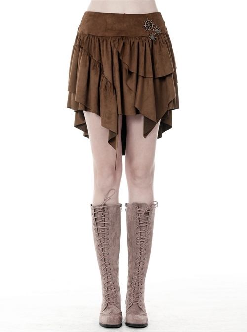 Metal Decoration Irregular Frill Hem Brown Punk Short Skirt