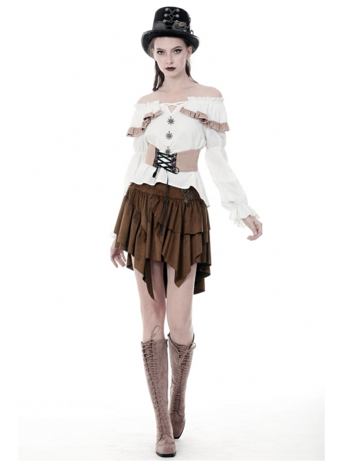 Metal Decoration Irregular Frill Hem Brown Punk Short Skirt