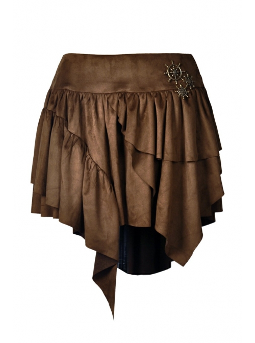 Metal Decoration Irregular Frill Hem Brown Punk Short Skirt
