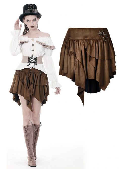 Metal Decoration Irregular Frill Hem Brown Punk Short Skirt