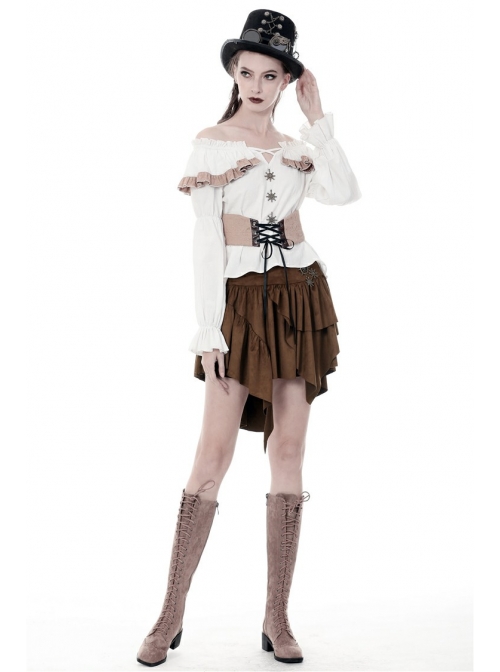 Metal Decoration Irregular Frill Hem Brown Punk Short Skirt