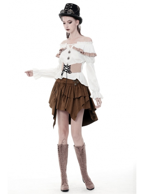 Metal Decoration Irregular Frill Hem Brown Punk Short Skirt